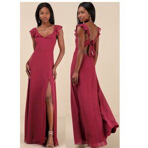 Lulus Sweetest Entrance Dark Magenta Ruffled Tie-Back Maxi Dress Size XS New wit